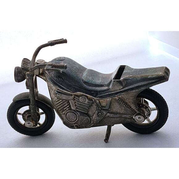 NOVELTY COIN BANK-Pewter Motorcycle-Rubber Tires-Stands Up On Stand - Picture 7 of 12